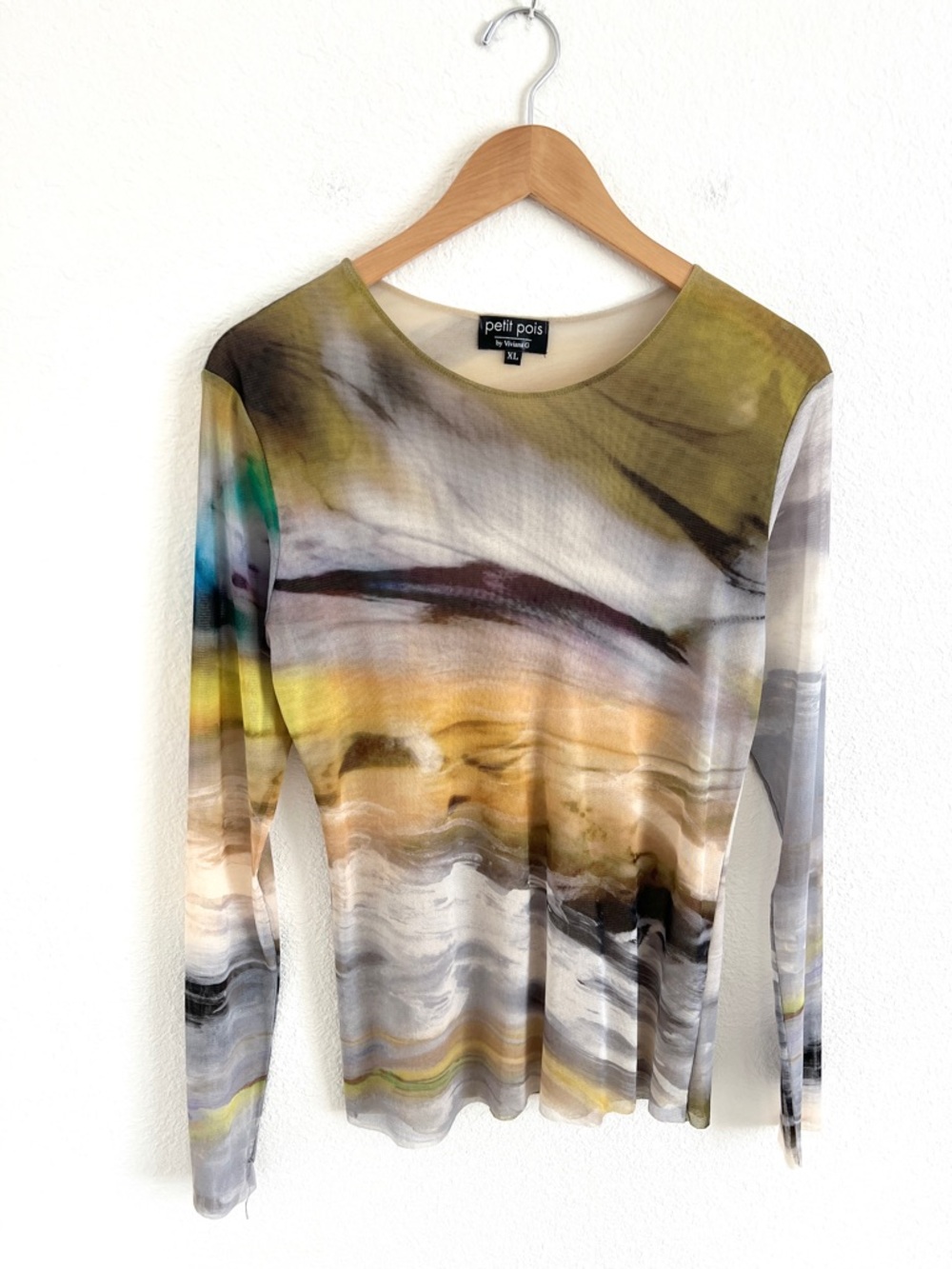 PETIT POIS abstract mesh sheer long sleeve maximalist bodycon top / size XL - Picture 2 of 5